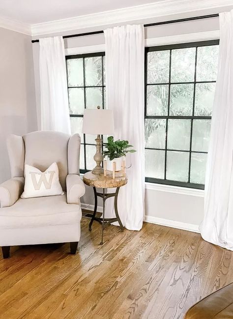 14 Easy Window Makeover DIY Ideas | Hometalk Window Makeover, Craftsman Style Trim, Cottage Curtains, Black Curtain Rods, Black Cottage, Cottage Windows, Faux Roman Shades, Frosted Window Film, Paint Tips