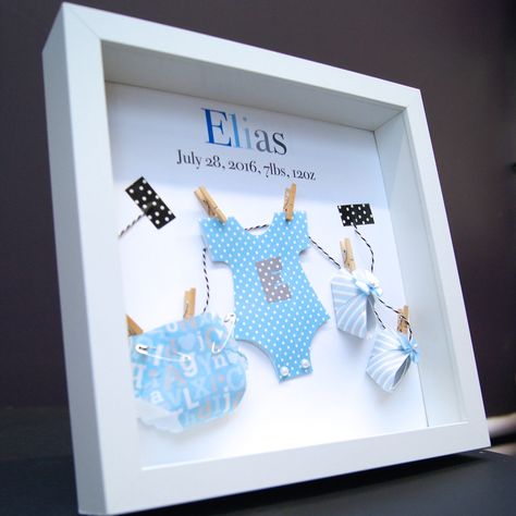 Personalized Name and Birth Info Paper Onesie, Diaper, and Booties Shadowbox Frame Custom Wall Art Newborn Baby Shower Nursery Boy Gift by paintandpapercraft on Etsy https://www.etsy.com/listing/459056038/personalized-name-and-birth-info-paper Personalized Baby Frame, Baby Shadow Box, Box Frame Art, Presents For Boys, Nursery Decor Wall Art, Diy Baby Gifts, Baby Frame, Baby Diy, Baby Signs