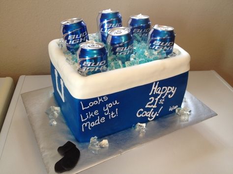 Ok so this is going to be Jeff's grooms cake but with Memphis logo on front of cooler! AWESOME! Birthday Cake Beer, 21st Birthday Cake For Guys, Birthday Beer Cake, 21st Cake, Beer Cake, 21st Birthday Cakes, Cereal Treats, Buttercream Filling, Beer Birthday