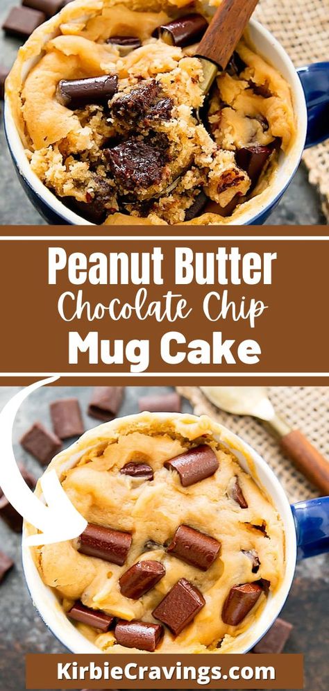 Creamy, fluffy, eggless peanut butter cake mixed with melty chocolate chips. This single serving mug cake is ready in about 5 minutes. This cake is best eaten warm, while the chocolate is still melty and gooey. Because this cake is eggless, the crumb is a little loose. It’s best eaten in the mug as it won’t hold up well if you try to remove it from the mug. So I recommend you just grab a spoon and dig in. Microwave Chocolate Chip Cookie, Microwave Mug Recipes, Chocolate Chip Mug Cake, Desserts With Chocolate Chips, Easy Mug Cake, Peanut Butter Mug Cakes, Chip Mug, Microwave Cake, Mug Cake Microwave