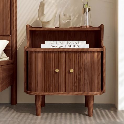 Mid Century Wooden Nightstand with Opening Storage Shelf and Cabinet Mid Century Bedroom Storage, Entryway Ideas Mid Century Modern, Eclectic Mid Century Modern Bedroom, Midcentury Modern Bedroom Decor, Alternative Nightstand Ideas, Mid Century Modern Bedroom Design Ideas, Bed Frame Aesthetic, Small Nightstand Ideas, Wood Nightstand Bedroom