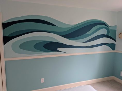 Waves Mural Painting, Beach Theme Mural, Water Mural Painting, Diy Wave Mural, Wave Wall Mural Diy, Wave Mural Wall Art, Ocean Mural Painting, Waves Wall Painting, Wave Wall Painting