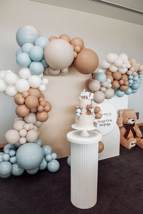 Beige, white and blue custom styled balloon garland backdrop Teddy Bear Birthday Decorations, Teddy Bear Birthday Theme, Beary First Birthday, Baby Party Decorations, First Birthday Balloons, Baby First Birthday Cake, Boy Birthday Decorations, Boys First Birthday Party Ideas, Teddy Bear Party