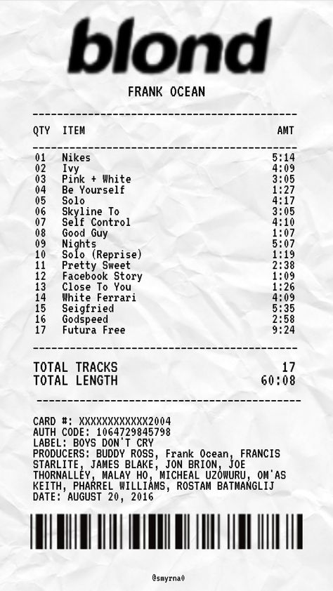 Vintage Frank Ocean Poster, Frank Ocean Receipt, Frank Ocean Album Poster, Frank Ocean Concert, Blond Frank Ocean, Frank Ocean Lyrics, Blonde Album, Frank Ocean Album, Frank Ocean Songs