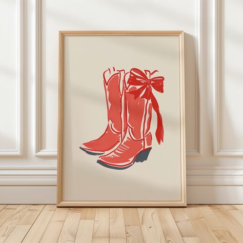 Red Cowboy Boots Print for Coquette room decor | Red Cowgirl Boots Print for Boho Decor | Retro Cowgirl Western Art Print Instant Download Bright Western Decor, Cowboy Boot Painting, Big Red Boots, Cowgirl Boots Print, Cowboy Boot Print, Cowboy Boots Print, Red Cowgirl Boots, Boots Print, Retro Cowgirl