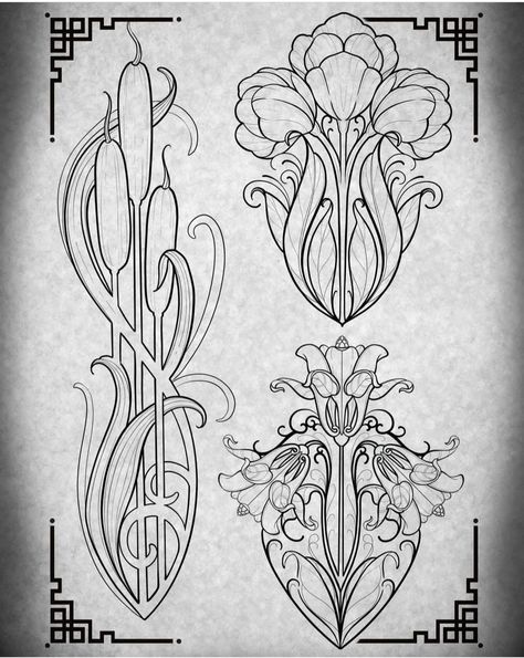 Fleurs Art Nouveau, Art Nouveau Tattoo, Motifs Art Nouveau, Nouveau Tattoo, Motif Art Deco, Art Nouveau Illustration, Art Nouveau Flowers, Art Nouveau Pattern, Ornamental Tattoo