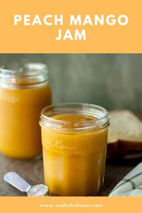 Delicious homemade peach mango jam with pectin is an easy to make recipe that uses pectin to set. It is flavored with vanilla and is perfect on just about everything. #cookshideout #jam #homemade Peach Mango Jam Recipes, Peach Mango Jam, Mango Butter Recipe, Jam With Pectin, Marmalade Sandwich, Nectarine Jam, Canning Jams, Jam Homemade, Fruit Butter