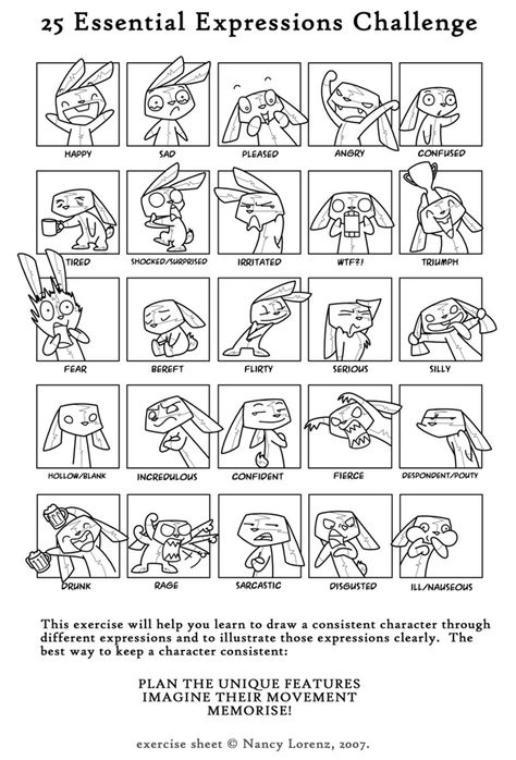 25 Essential Expressions Challenge, Essential Expressions Challenge, 25 Essential Expressions, Expressions Challenge, Expression Challenge, Expression Sheet, Emotion Chart, Cartoon Expression, The Artist's Way