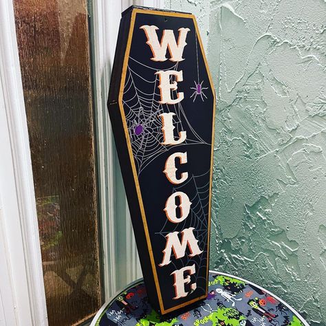 Dollar Tree Coffin Diy, Coffin Shaped Welcome Sign, Coffin Welcome Sign Diy, Coffin Porch Sign, Coffin Sign Halloween, Dollar Tree Coffin, Coffin Diy, Diy For Fall, Front Porch Diy