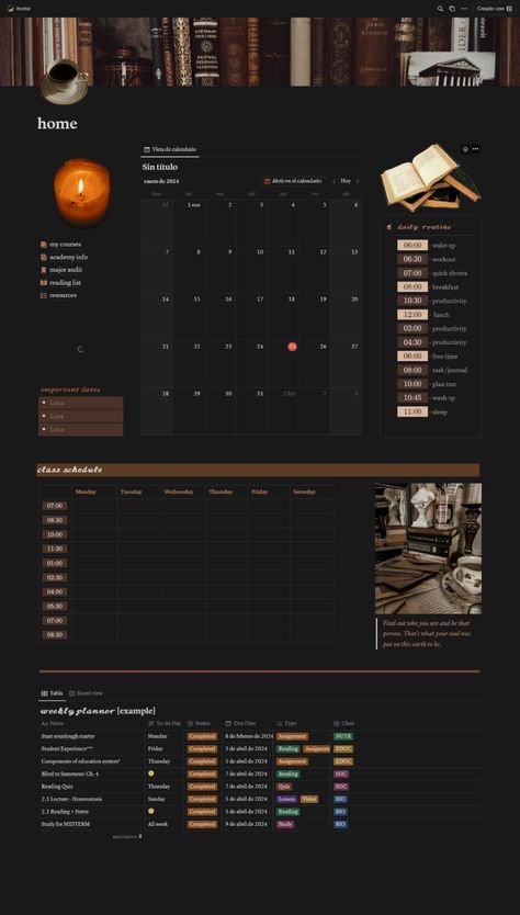 free notion templates Notion Schedule, Notion Ipad, Dark Academia Notion Template, Notion School Planner, Dark Academia Student, Dark Academia Notion, College Notion, Notion 2024, Notion Academic