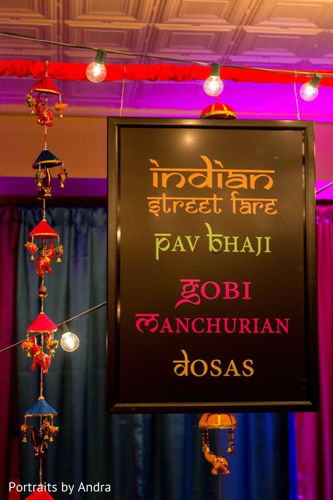 Catering Indian Street Food Cart Wedding, Sangeet Food Stations, Food Stall Decoration Ideas, Chaat Party, Garba Decor, Indian Wedding Food, Indian Font, Stall Decorations, Sangeet Decor