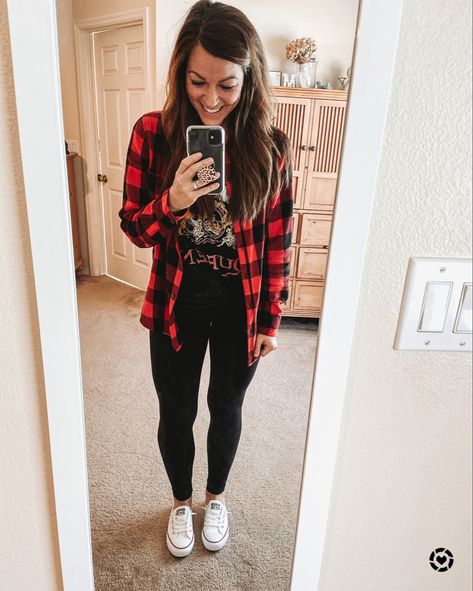 Black Jeans And Plaid Shirt Outfit, Band Tee And Flannel Outfits, Band Shirt And Flannel Outfit, Style Red Plaid Shirt, Buffalo Plaid Flannel Outfit Women, Plaid Shirt Graphic Tee Outfit, How To Style Plaid Shirts Long Sleeve, Buffalo Shirt Outfit, Leggings And Band Tee Outfit