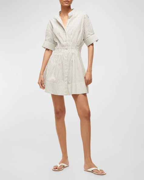 T5GLB STAUD Lorenza Half-Sleeve Stretch Poplin Mini Shirtdress Shirt Dress Mini, Organza Gowns, Denim Sweater, A Line Mini Skirt, Striped Shirt Dress, Button Up Dress, Dress Mini, Band Collar, Shirtdress