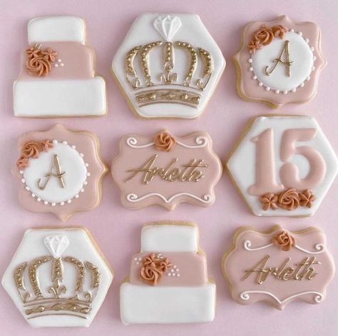 Quinceanera Cookies Ideas, Quince Cookies Ideas, Quinceanera Cookies Decorated, Quinceanera Desserts, Quinceanera Cookies, Quince Treats, Quince Cookies, Sweet 16 Cookies, Quinceanera Winter Wonderland