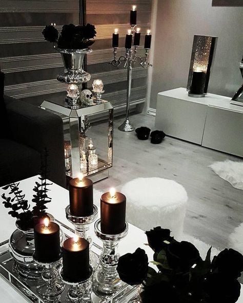 Goth Glam Living Room, Glam Goth Bedroom Decor, Gothic Glam Decor Bedroom, Luxe Halloween Decor, Gothic Glam Home Decor, Black Victorian Decor, Glam Goth Bedroom, Goth Glam Bedroom, Dark Glam Bedroom Decor