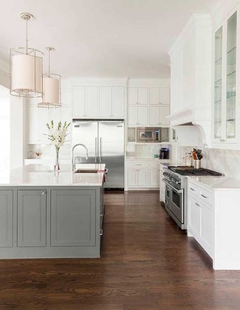 Gray Island White Cabinets, Contrasting Kitchen Island, Colored Cabinets, Island Interior, Island Cabinets, Gray Island, Grey Kitchen Island, White Kitchen Island, Floor Stain