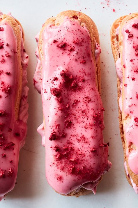 Eclair Cream, Raspberry Cream, Freeze Dried Raspberries, Dried Raspberries, Pink Icing, Nyt Cooking, Think Food, Eclairs, Cakepops