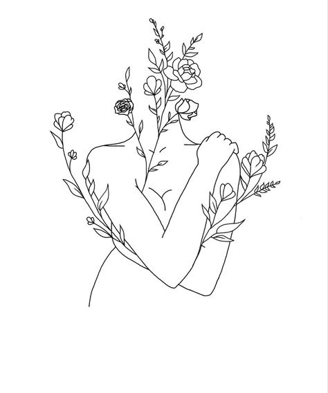 Women Outline Tattoo Flowers, Patchwork, Body And Flower Tattoo, Outline Women Tattoo, Women Silhouette With Flowers Tattoo, Tattoo Flower Sketch, Body Outline Tattoo With Flowers, Self Love Body Outline Tattoo, Tattoo Hug Yourself