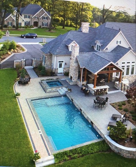 Luxury suburban home with in-ground swimming pool and hot tub Outdoor Kitchen Design Off House, Houses With Pools In The Front Yard, House With A Pool Dream Homes, House With Inground Pool, Pool Outside House, Farmhouse Inground Pool Ideas, Epic Backyard Ideas, Pool To The Side Of House, Pool With Decking Surround