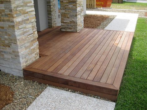 Entrance Deck to the front door of a home. Decking Front Entrance, Front Step Ideas Wooden, Deck To Front Door, Front Patio Decking, Modern Front Door Porch Ideas Entrance, Deck Front Of House Entrance, Decked Front Porch, Decking Front Of House, Deck At Front Of House