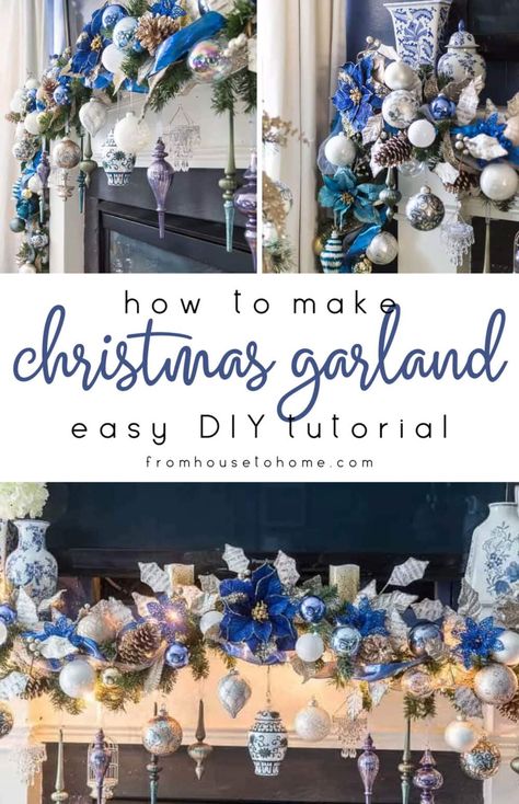 This blue, white and gold Christmas garland looks beautiful over this fireplace mantle. Christmas Fireplace Mantle Decor, Fireplace Cladding, Christmas Holidays Decorations, Christmas Fireplace Mantle, Christmas Fireplace Garland, White Christmas Garland, Farmhouse Fireplace Mantels, Christmas Garland Mantle, Xmas Fireplace