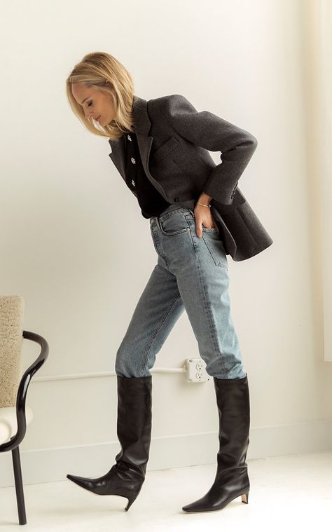 Slouchy Boots Outfit, Lauren Santo Domingo, Denim Street Style, Slouchy Boots, Grey Herringbone, Winter Chic, Tall Leather Boots, Outfit Inspiration Fall, Star Style