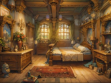 Basement Fantasy Art, Castle Bedroom Fantasy Art, Fantasy Inn Room, Royal Bedroom Concept Art, Druid Bedroom, Fantasy House Interior Art, Room Illust, Sandstone Castle, Fantasy Cottage Interior