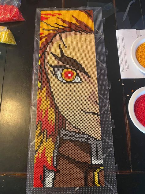 Demon Slayer Pearl Beads, Rengoku Perler Beads, Perler Beads Demon Slayer, Demon Slayer Perler Bead Patterns, Demon Slayer Cross Stitch, Demon Slayer Perler Beads, Demon Slayer Pixel Art, Melt Beads Patterns, Piskel Art