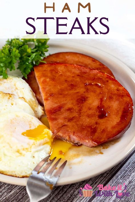 Ham Steak And Eggs Breakfast, Bbq Ham Steak Recipes, Ham Steak With Honey Mustard Glaze, Breakfast Ham Steak, Ham Steaks On The Grill, Cooking Ham Steak Easy Recipes, Ham Steak Recipes Stove Top, Honey Glazed Ham Steak, Ham Steak Glaze Recipe Easy