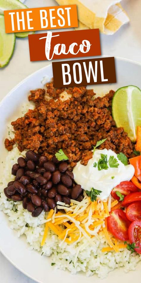 Taco Rice Bowl Recipe, Mexican Bowl Recipe, Beef Bowl Recipe, Ground Chicken Tacos, Rice Bowls Healthy, Chicken Taco Bowls, Taco Bowl Recipe, Taco Salad Bowls, Taco Bowl