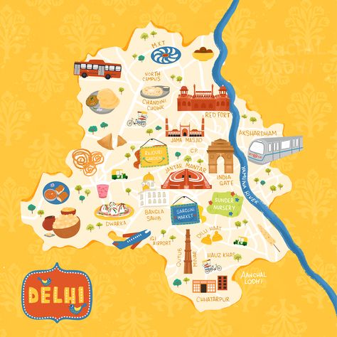 Dilwaalon ki Dilli (Delhi, India) by Aanchal - THEY DRAW - A Creative Playground for Illustration Delhi Illustration, Delhi Aesthetic, Food Map, Brunch Decor, Creative Playground, Red Fort, Food Cartoon, Food Illustration Art, Graphic Designing