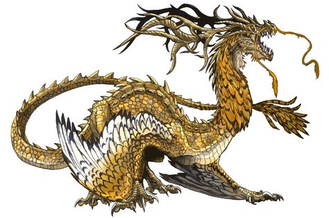 LOVE all the complicated body adornment.  Perfect exemplar of what I want to capture with the exotic breeds. Eastern Dragon, Yellow Dragon, Chinese Mythology, Golden Dragon, Dnd Monsters, Fantasy Beasts, Body Adornment, Dragon Wings, Fantasy Monster