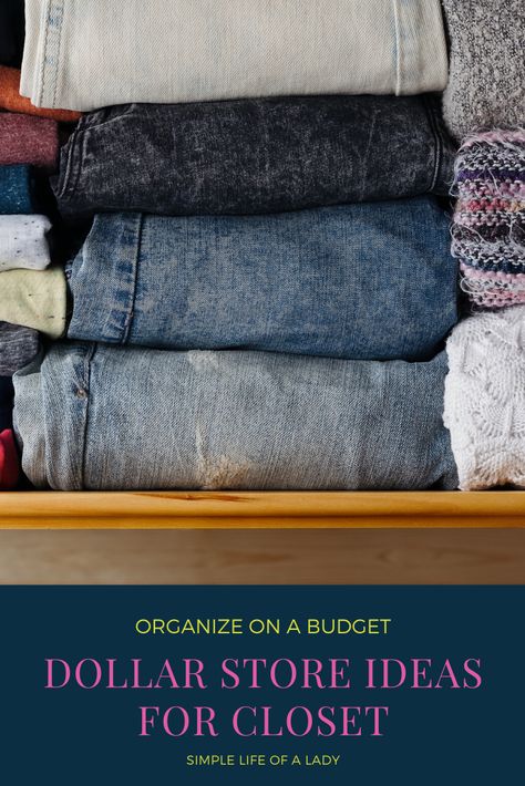 Organizing the closet doesn't have to be expensive. Here's how to organize your closet with just one trip to the dollar store! Closet Tshirt Organization Ideas, Tshirt Organization Closet Storage, Organize Hoodies, Organizing Pants In Closet, Jean Organization Closet, T Shirt Organization, Tshirt Organization Ideas, Dollar Store Closet Organization, Closet Organization Hacks