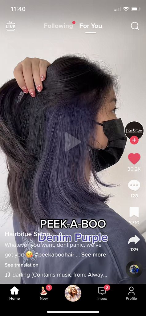 Short Hair Peek A Boo Color, Upper Back Hair Length Haircuts, Purple Peak A Boo Hair Brunette, Peek A Book Hair Color, Peek A Boo Hair Color Ideas For Black Hair, Purple Peak A Boo Hair, Peak A Boo Highlights Brunettes, Peek A Boo Hair Color For Brunettes, Peak A Boo Hairstyles