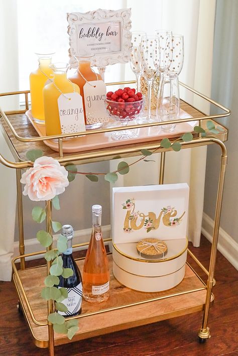 Bridal Shower Ideas Mimosa Bar, Spa Bridal Shower, Diy Bar Cart, Gold Bar Cart, Bubbly Bar, Drink Cart, Bar Cart Styling, Mimosa Bar, Birthday Brunch