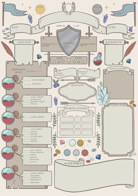 D&D 5th Edition Printable Character Sheets Full Colour, Blue Background - Blue and Black backgrounds are also available on my Etsy!  These sheets were created after rolling a brand new character and facing down the same old generic character sheet I had seen hundreds of times before.  I wanted to design my own version of the character sheet to be simple to use, efficient, and visually engaging, with many illustrations of classic iconography every D&D player can relate to.  I have re-designed the classic D&D character sheet template to be as user-friendly as possible! The staple stats sections remain first priority in this re-design, whilst including some extra additions I always felt were missing!  Included in this download: * 4 fully illustrated PDF sheets  * 1 Character Sheet  * 1 Spell 5e Spell Sheet, Creating A Dnd Character, Dnd Character Types, Dnd Character Template, Dnd Player Cheat Sheet, D&d Character Sheet Printable, Dungeons And Dragons Sheets, Dungeons And Dragons Characters Sheet, Character Sheet Template Dnd