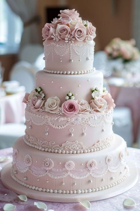 Pearl Wedding Cakes, Pearl Wedding Cake, Wedding Cake Pink, Quince Cakes, Fancy Wedding Cakes, Wedding Cake Pearls, Quinceanera Cakes, Wedding Cake Roses, Classic Wedding Cake