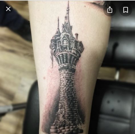 Disney Tattoos, Cute Disney Tattoos, Tower Tattoo, Rapunzel Tower, Beginner Tattoos, Rapunzel Disney, Make Tattoo, Realism Tattoo, Tattoo Styles