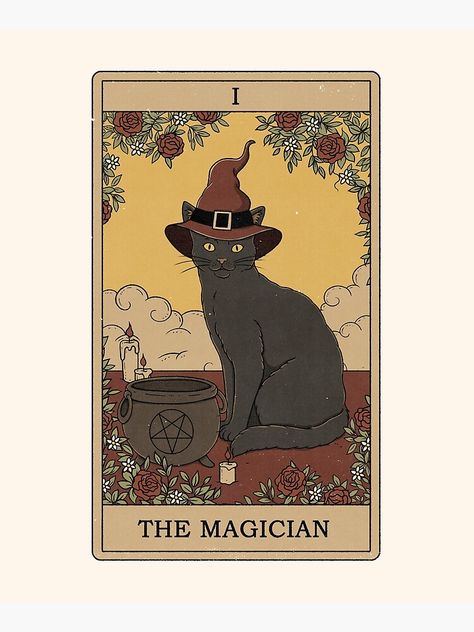 "The Magician" Mounted Print by thiagocorream | Redbubble Cat Tarot Cards, Magician Art, Eight Of Wands, The Magician Tarot, Magick Book, Cats Rule, Black Cat Art, Tarot Cards Art, Aesthetic Retro