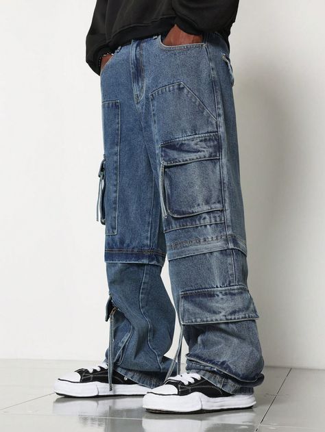 SUMWON Loose Fit Washed Multi Pocket Cargo Jean With Hidden Zipper Convertible To ShortI discovered amazing products on SHEIN.com, come check them out! Cargo Jeans Men, Short Azul, Long Sleeve Denim Jacket, Jeans Cargo, Jeans Casual, Retro Hairstyles, Belted Coat, Cargo Jeans, Kids Sleepwear