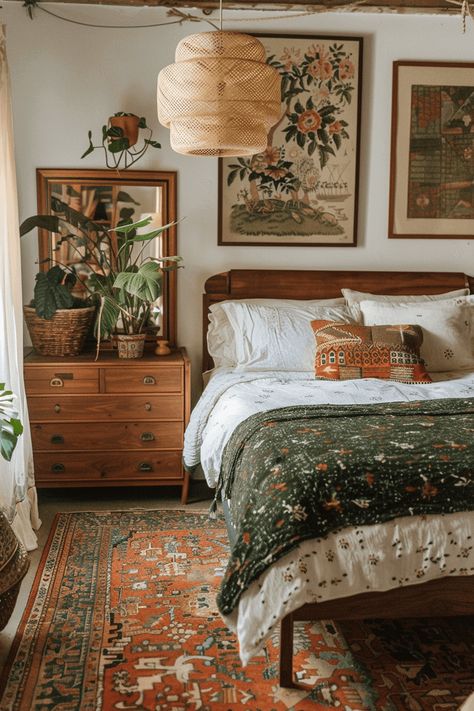 Home Decor Ideas Small Bedroom, Wood Furniture Bedroom Aesthetic, Rent Bedroom Ideas, Botanic Room Decor, Cozy Art Deco Bedroom, Cozy Boho Aesthetic, Cozy Earthy Aesthetic, Natural Boho Bedroom Ideas, Earthy Furniture Design