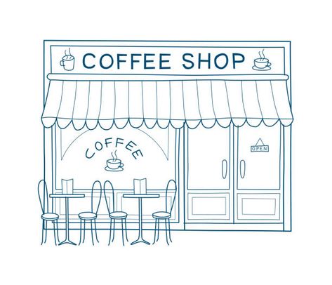 Coffee Shop Window, Cafe And Restaurant, Window Illustration, Business Graphics, Building Illustration, Cute Cafe, Shop Illustration, Hand Drawn Vector Illustrations, Shop Front