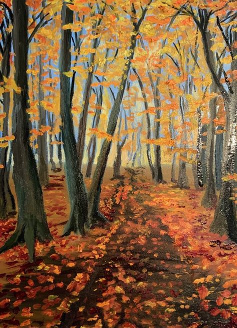 Original Art Oil Painting, measuring: 30.48W x 41.91H x 0.25D cm, by: Caroline H Duggan (United States). Styles: Illustration, Impressionism. Subject: Landscape. Keywords: Yellow, Trees, Oil Painting, Path, Hiking, Landscape, Leaves, Fall, Nature, Orange. This Oil Painting is one of a kind and once sold will no longer be available to purchase. Buy art at Saatchi Art. Autumn Woods Painting, Art With Fall Leaves, Fall Foliage Painting, Easy Fall Landscape Painting, Fall Sky Painting, Fall Oil Paintings, Fall Scenery Painting, Fall Nature Painting, Fall Trees Art