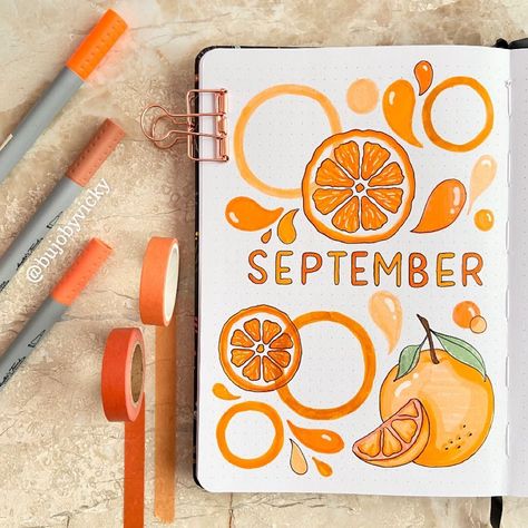 vicky<3’s Instagram post: “🍊SEPTEMBER THEME REVEAL🍊 . . . . . #bujo #bulletjournal #bulletjournalideas #bulletjournalsss #planwithme #journalwithme #bujoinspo…” June Page Bullet Journal, August Bujo Theme, September Bujo Theme, September Notes, September Drawings, Project Themes, August Bujo, September Bujo, Bujo Themes