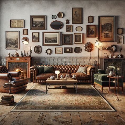 The walls should be a soft cream shade, splattered with an assortment of antique picture frames hosting black and white photographs. On the corner, put a large floor-standing lamp with a mix of Edison-style bulbs for that warm, inviting glow. The flooring can be rustic hardwood displaying signs of time. And to complement the setup, a large patterned rug, in tones of moss green and mustard yellow, is spread out across the space. Vintage Lounge Decor Ideas, Dinosaur Apartment, Light Academia Apartment, Light Academia Living Room, Dark Academia Living Room, Dream Homestead, Vintage Living Room Decor, Antique Living Room, Gentleman's Club