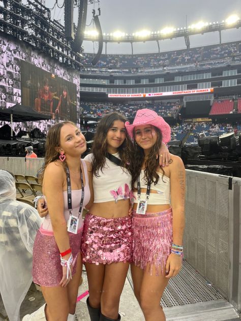 Outfits For Lover Era, Glitter Country Concert Outfit, Eras Tour Outfits Group Of 3, Tinsel Skirt Outfit, Eras Tour Group Outfit Ideas, Lover Era Tour Outfit Ideas, Eras Tour Trio Fits, Eras Tour Outfits For 3 People, Eras Tour Outfits Skirt