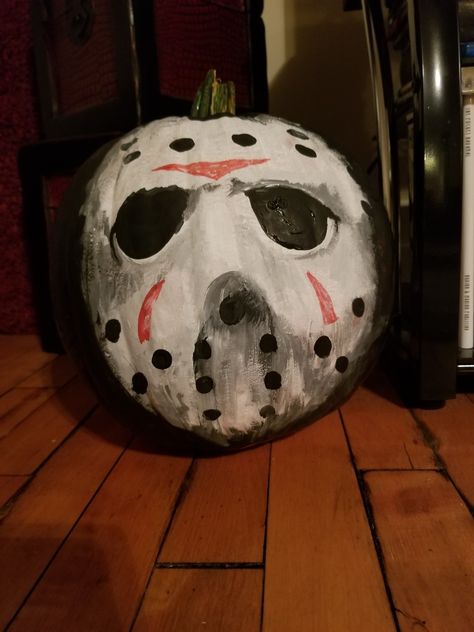 Jason Pumpkin Painting, Jason Voorhees Pumpkin Painting, Horror Movie Pumpkin Painting, Pumpkin Board, Halloween Pumpkin Painting Ideas, Halloween Pumpkin Painting, Painted Pumpkin Ideas, Halloween Pumpkin Crafts, Halloween Pumpkin Carving Stencils