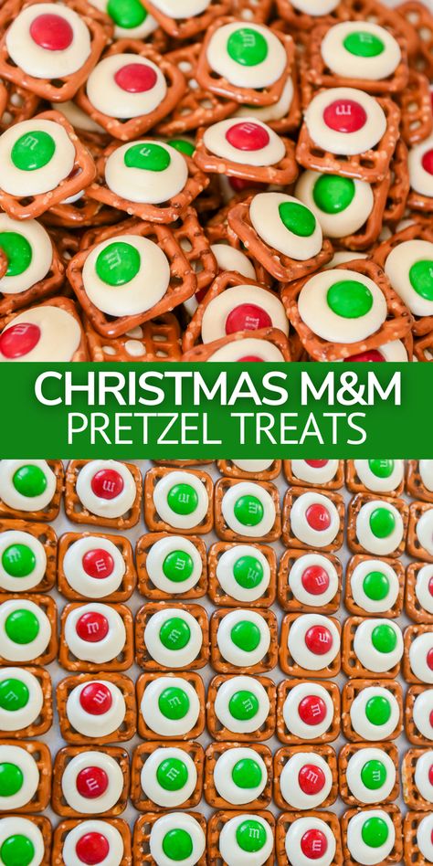 Make this holiday white chocolate M&M pretzel recipe for an easy Christmas treat in just 20 minutes! Fun for kids to make and the perfect easy idea for cookie exchanges. Easy Christmas Treats Pretzels, Pretzels With M&ms Holiday Treats, Pretzel M M Treats, Square Pretzel Treats Christmas, Pretzel Hugs M&ms Christmas Treats, Easy Christmas Treats For Large Group, Easy Treats To Make For Christmas, White Chocolate Mix Christmas, Pretzels With Hershey Kisses And M&ms