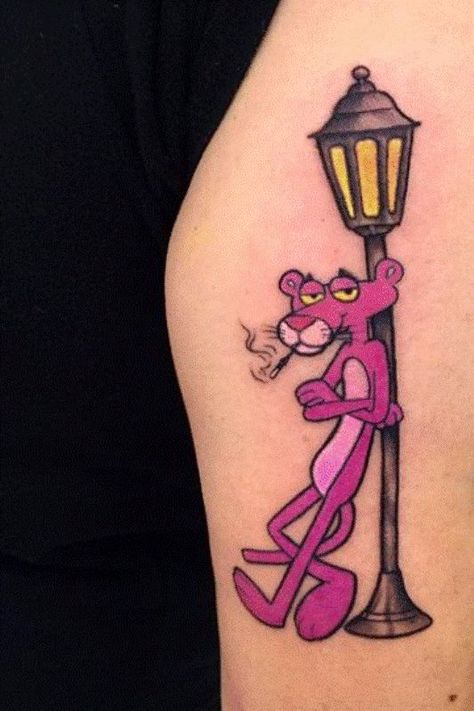 Pink Panther Tattoo, Bow Hunting Tattoos, Feminine Skull Tattoos, Tattoo Black And White, Baby Tattoo Designs, Panther Tattoo, Lion Head Tattoos, Wicked Tattoos, Cartoon Character Tattoos