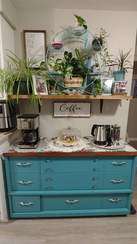 Teal Coffee Bar, Dresser Coffee Bar, Dresser To Coffee Bar Diy, Turquoise Coffee Bar, Refurbished Dresser To Coffee Bar, Coffee Bar Dresser Diy, Diy Dresser Into Coffee Bar, Coffee Bar From Old Dresser, Coffee Bar Made From Old Dresser